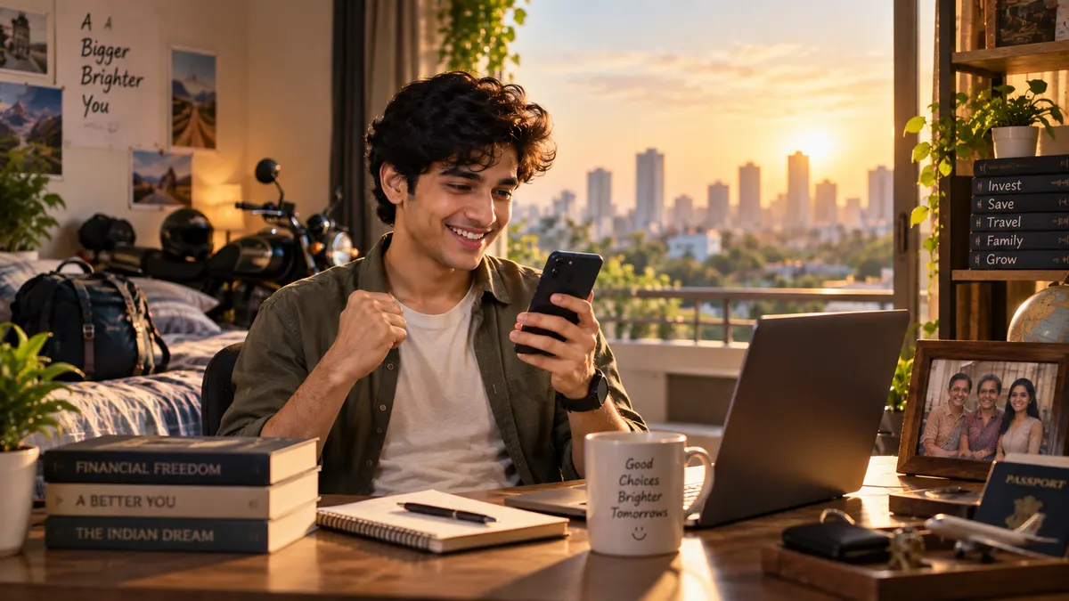 Young Indian professional celebrating his first salary notification, surrounded by reminders of the choices ahead — invest, save, travel, family