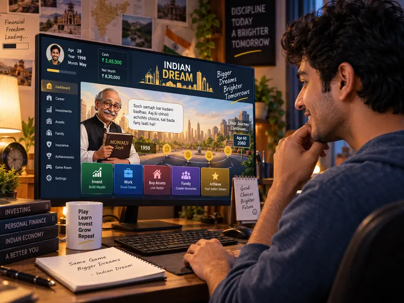 Indian Dream in-game dashboard with Munimji, the financial advisor character, guiding a player through life decisions