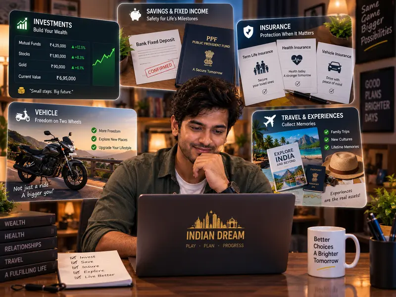 Collage of financial choices around a young Indian player — investments, insurance, savings and PPF, a bike, and travel