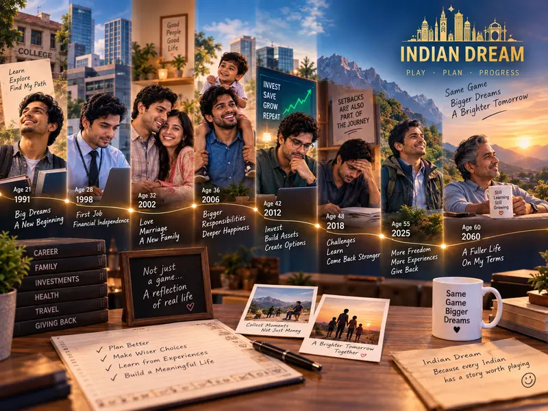 A sweeping life panorama of an Indian character moving through career, family, investing, setbacks and celebrations from age 21 to 60